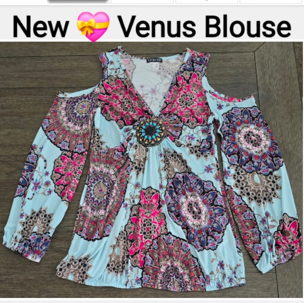 Venus Women's Floral Print Cold-Shoulder Beaded Chic Blouse Size M
